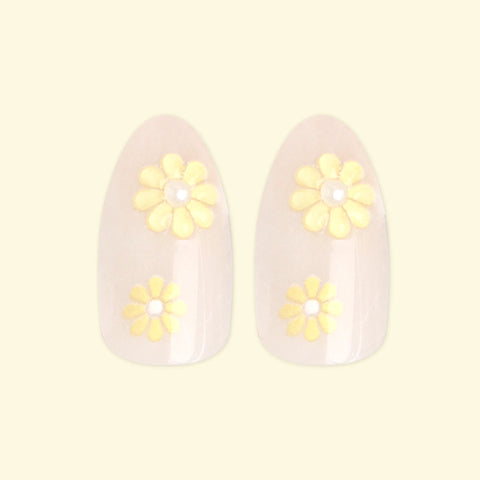 Flower Party with 3D Pearls - Press On | Medium | Almond