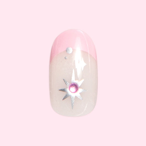 Bubblegum French with Metallic Stars - Press On | Short | Round